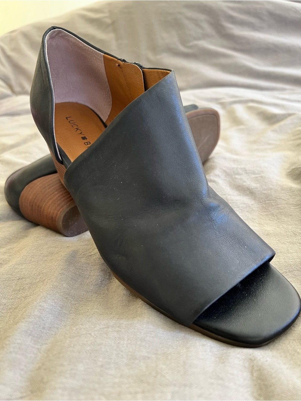 Lucky Brand Black Leather Open-Side Block Heel Sandals